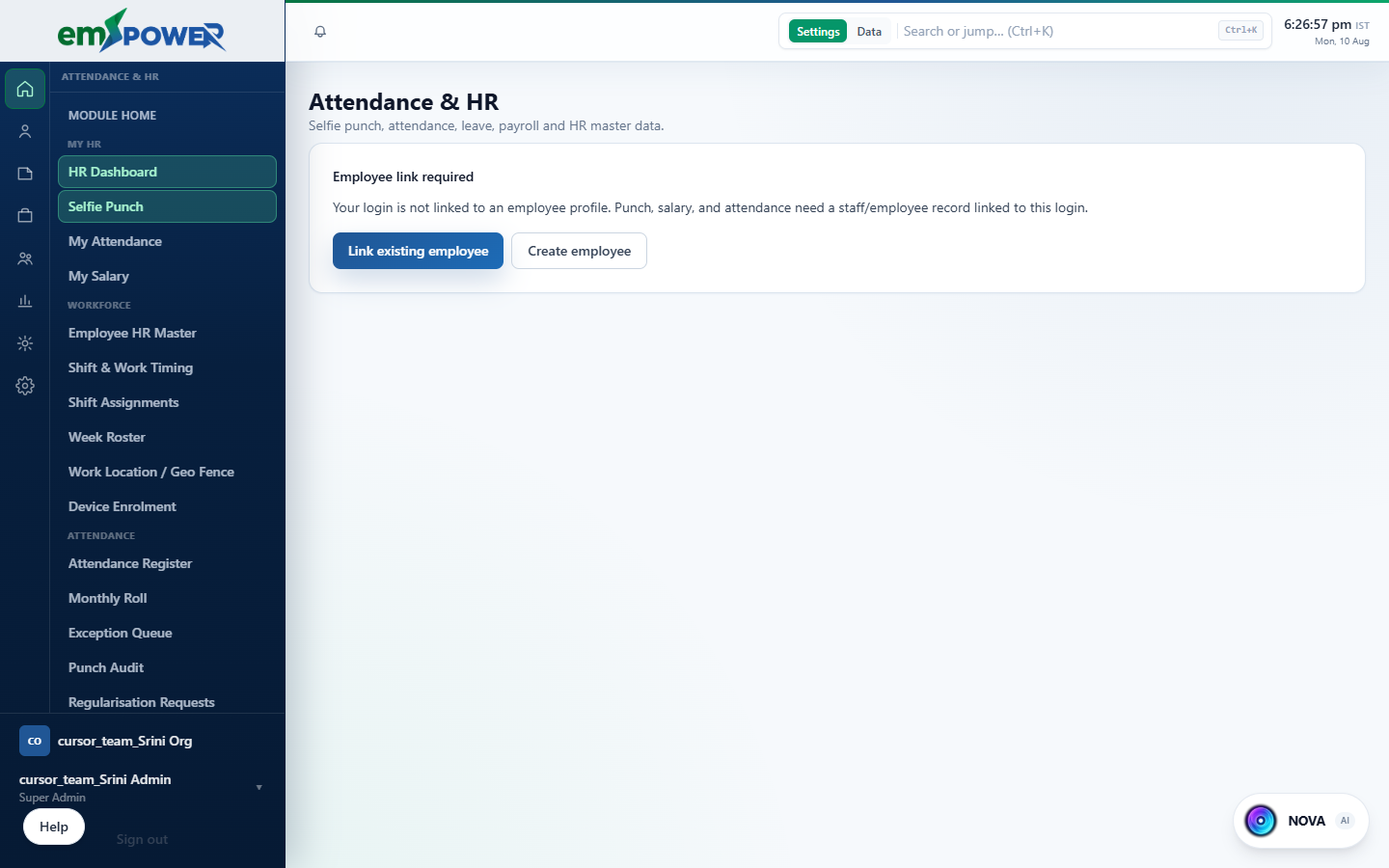 emPOWER Selfie Punch attendance screen