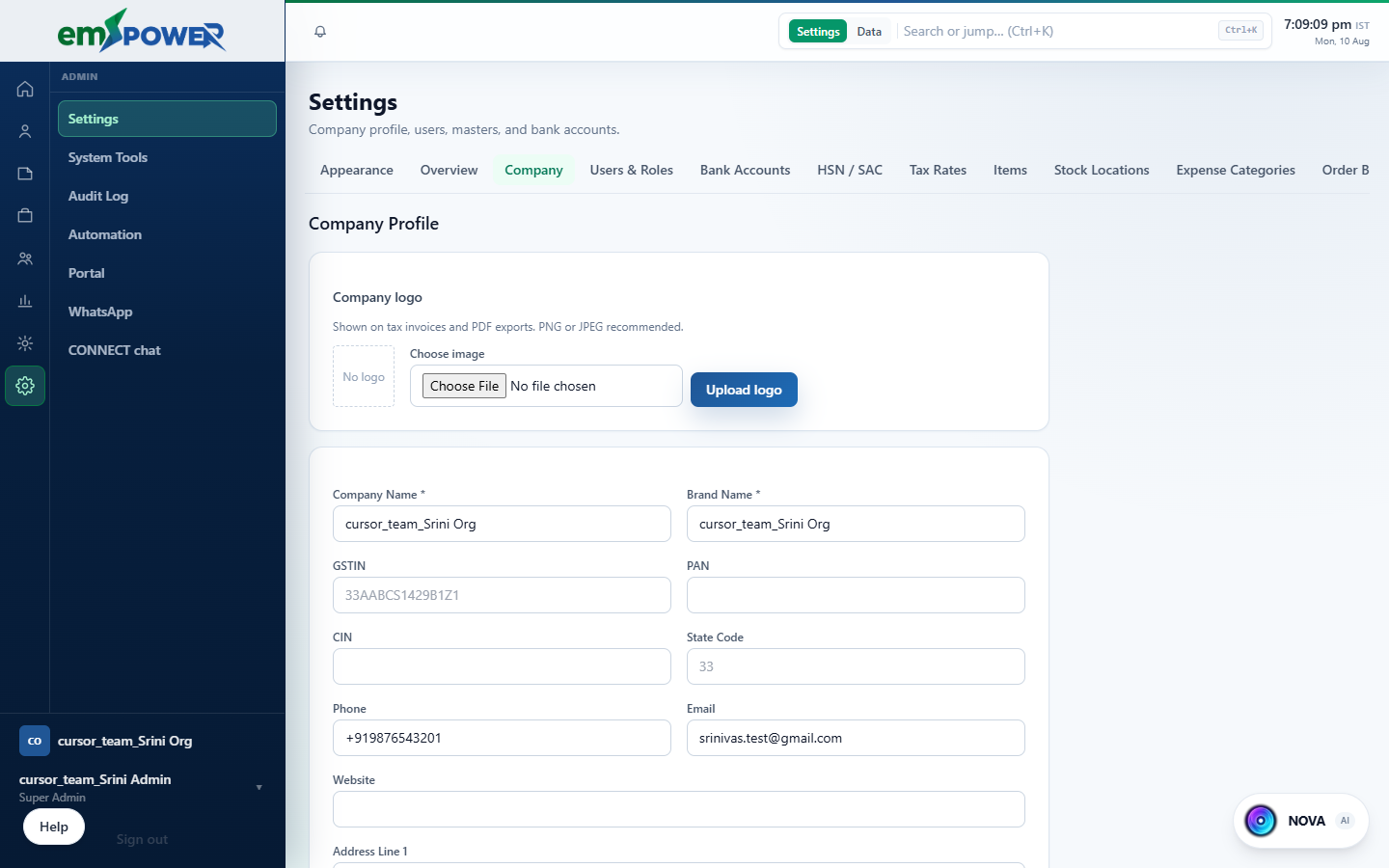 emPOWER company settings screen