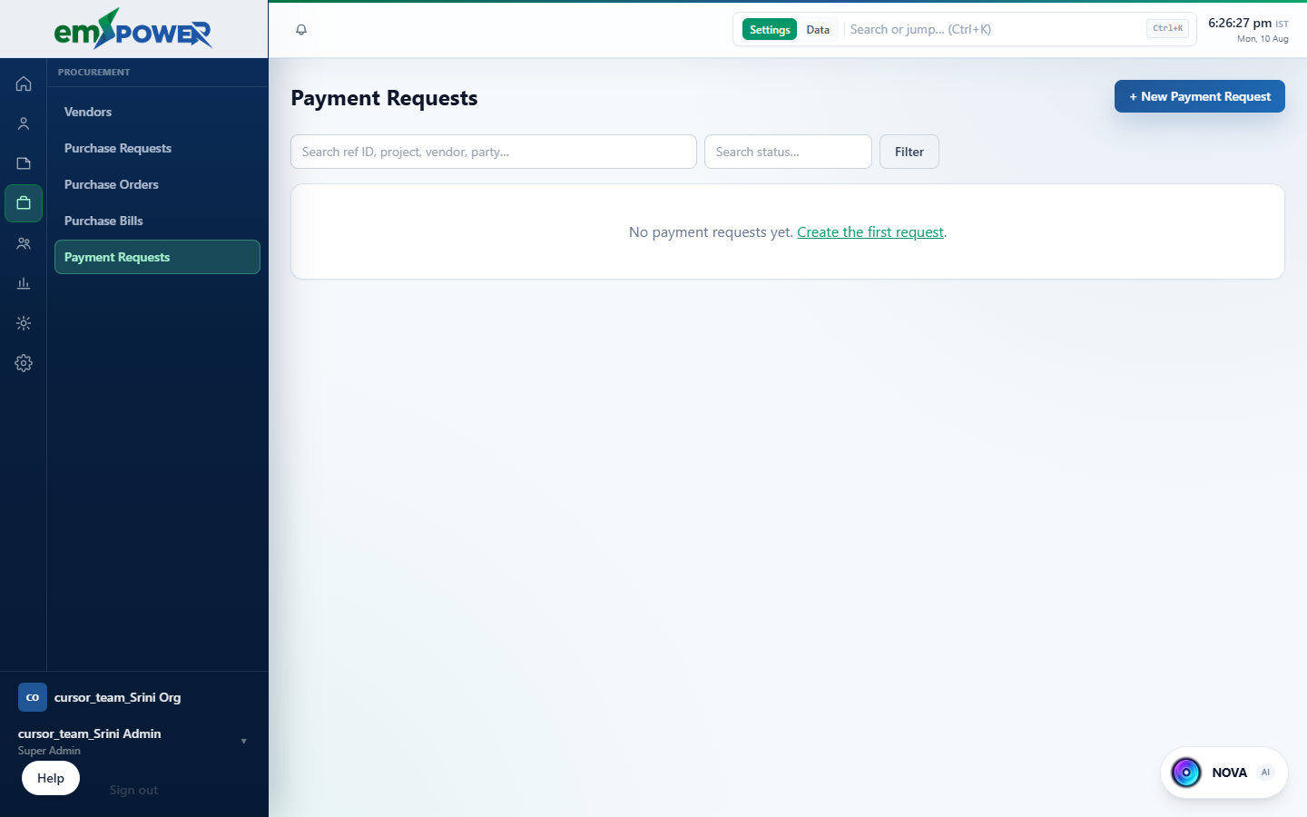 emPOWER payment requests screen