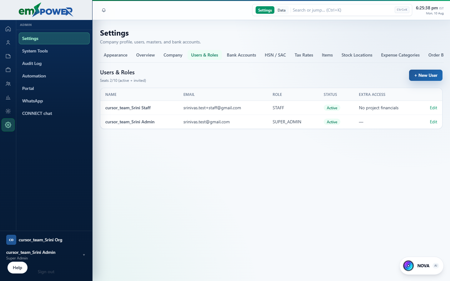 emPOWER users and roles screen